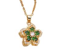 Generic Stress-Relieving Rotating Five-Petal Flower Pendant Necklace, Copper 18K Gold Plated Rotating Flower Pendant, CZ Stone Emerald Green Necklace For Women