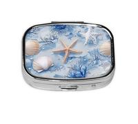 Generic Summer Blue Coral Starfish Print Square Pill Box-2 Compartment for Purse & Pocket Mini Metal Pill Holder Travel Pill Container