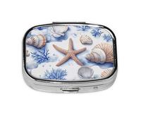 Generic Summer Blue Coral Starfish Print Square Pill Box-2 Compartment for Purse & Pocket Mini Metal Pill Holder Travel Pill Container
