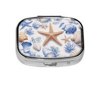 Generic Summer Blue Coral Starfish Print Square Pill Box-2 Compartment for Purse & Pocket Mini Metal Pill Holder Travel Pill Container