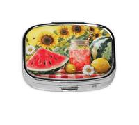 Generic Summer Lemon Melon Print Square Pill Box-2 Compartment Small Pill Case for Purse & Pocket Mini Metal Pill Holder Travel Pill Container