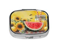 Generic Summer Lemon Melon Print Square Pill Box-2 Compartment Small Pill Case for Purse & Pocket Mini Metal Pill Holder Travel Pill Container