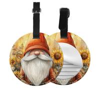 Generic Sunflower Gnome Print Round Pu Leather Luggage Tags, Name Id Labels with Privacy Cover for Women and Men Suitcases Travel Bags Luggage Bags