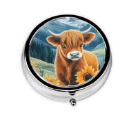 Generic Sunflower Highland Cow Print Round Pill Box-3 Compartment Small Pill Case for Purse & Pocket Mini Metal Pill Holder Travel Pill Container