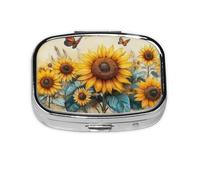 Generic Sunflowers and Butterflies Print Square Pill Box-2 Compartment for Purse & Pocket Mini Metal Pill Holder Travel Pill Container