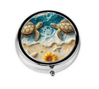 Generic Sunlower Beach Turtle Print Round Pill Box-3 Compartment Small Pill Case for Purse & Pocket Mini Metal Pill Holder Travel Pill Container