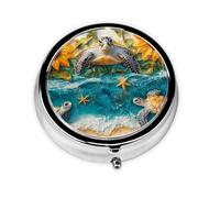 Generic Sunlower Beach Turtle Print Round Pill Box-3 Compartment Small Pill Case for Purse & Pocket Mini Metal Pill Holder Travel Pill Container