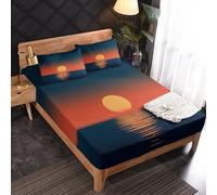 Generic Sunset Fitted Sheet, Ocean Landscape Bed Sheets Small Doule Size, 2 Pillowcase - 30 cm Deep Pocket, Soft Microfiber Patterned Bedding Bedroom Decor - OC592