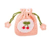 Generic Sweet Handmade Crochet Drawstring Coin Purse, Small Woven Cherry Pattern Pouch for Women, Portable Outdoor Earphone Pouch and Travel Mini Storage Bag