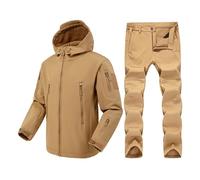 Generic Tactical Two-Piece Set for Men Softshell Windproof and Waterproof Hooded Jacket and Thermal Thick Fleece-Lined Pants Survival Clothing for Wilderness, khaki, L