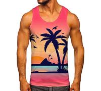 Generic Tank Tops Vests for Men UK Beach Hawaiian Casual Palm Tree Print Sleeveless Crewneck Tshirts Tops Summer Vintage Classic Workout Vest Blouses Men Tank Tops,A76 Pink,XL