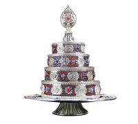 Generic Tibetan Pan, Altar Mandala, Auspicious Ornament, Carved Symbols, Table Decoration, Mandhapan Temple Accessories for Home Room, Argent