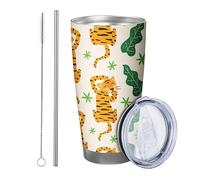 Generic Tiger tumbler Set Of 1 Cute Leaves Pattern Botanical Graphic Animals Cartoon beige green orange Powder Coated Hot And Cold Shatterproof Office Outdoor Club Dorm With Lid drinking cup 20 Ounce