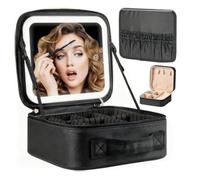 Generic Travel Makeup Bag with LED Light Mirror, Vanity Case with Adjustable Compartments, 3 Colour Modes, Portable Cosmetic Organiser, Black, Aluminium and ABS Plastic, 29x21x27cm