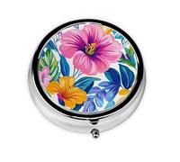 Generic Tropical Floral Print Round Pill Box-3 Compartment Small Pill Case for Purse & Pocket Mini Metal Pill Holder Travel Pill Container