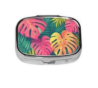 Generic Tropical Leaves Print Square Pill Box-2 Compartment for Purse & Pocket Mini Metal Pill Holder Travel Pill Container