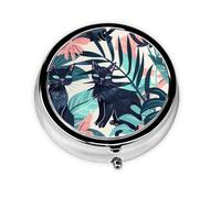 Generic Tropical Plant Black Cat Print Round Pill Box-3 Compartment Small Pill Case for Purse & Pocket Mini Metal Pill Holder Travel Pill Container