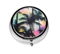 Generic Tropical Plants Print Round Pill Box-3 Compartment Small Pill Case for Purse & Pocket Mini Metal Pill Holder Travel Pill Container
