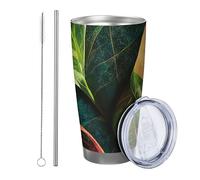 Generic Tropical with lid tumbler Set Of 1 Botanical Leaves Abstract Plant Beautiful Africa Designs green yellow Insulated Can Cooler No Spill Office Outdoor Club Dorm Stemless Double Wall 20 Ounce