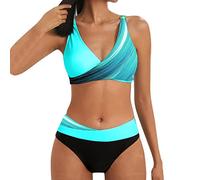 Generic Two Piece Swimsuits Top for Older Women Ladies UK Bikini Sets Tummy Control High Waisted Bottoms Push Up Swimwear Cross Front Bathing Suits Beachwear Bikini Shorts A39 Light Blue XL