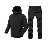 Generic Two-Piece Tactical Set for Men Softshell Windproof and Waterproof Hooded Jacket and Thermal Thick Fleece Lined Pants Thick Wilderness Survival Clothing, Black, L