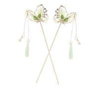 Generic Unique Chinese Hairpin Green Butterfly Tassel for Bun Vintage Hair Stick Metal Hair Accessories Asian Style Women