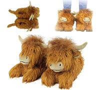 Generic Unisex Adults Slippers, Brown, Size US 5.5-8, 8.5-12.5, Warm, Plush, Anti-Slip, Indoor/Outdoor, Playful, Cute Scottish Cattle Design