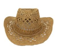Generic Unisex Summer Outdoor Hollow Western Cowboy Hats Hand Woven Straw Hat Breathable Beach Jazz Cap Sun Hats for Daily Use Khaki