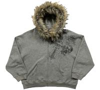 Generic Unisex Y2K Hoodies with Fur Hood Zip-Up Cotton Hooded Pullover with Zipper Hip Hop Punk Street Rock Goth Lightweight Sweatshirt, gray, L