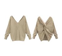 Generic V-Neck Knitted Jumper Women's Pullover, Elegant, Sexy, Plain, Loose Knit Jumper, Back Cross Hollow, Long Sleeve, Large Size, Crossover Sweater, beige, M