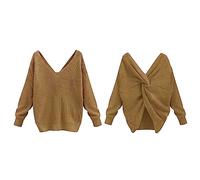 Generic V-Neck Knitted Jumper Women's Pullover, Women's Elegant Sexy Plain Loose Knit Jumper, Hollow Back Cross, Long Sleeve, Large Size Crossover Sweater, gold, XXL
