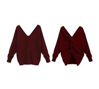 Generic V-Neck Knitted Jumper Women's Pullover, Women's Elegant Sexy Plain Loose Knit Jumper, Hollow Back Cross, Long Sleeve, Large Size Crossover Sweater, Wine Red, XXL