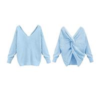 Generic V-Neck Knitted Jumper Women's Pullover Women's Elegant Sexy Women's Sweater Plain Loose Knit Jumper Back Cross Hollow Long Sleeve Jumper Large Size Crossover Pullover, lightblue, XXL