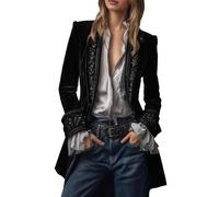 Generic Velvet Jacket Women Vintage Long Embroidered Blazer Women Open Front Coat Gothic Steampunk Outerwear Solid Elegant Baggy Velvet Jacket Formal Carnival Festival Jacket, black, XXL