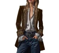 Generic Velvet Jacket Women Vintage Long Embroidered Blazer Women Open Front Coat Gothic Steampunk Outerwear Solid Elegant Baggy Velvet Jacket Formal Carnival Festival Jacket, brown, M