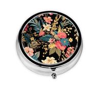 Generic White Red Flower Print Round Pill Box-3 Compartment Small Pill Case for Purse & Pocket Mini Metal Pill Holder Travel Pill Container