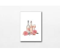 Generic Wine Roses Kitchen Print Champagne Wall Art, No Frame, Watercolour Wine Picture, Minimalist White Piink Print A4