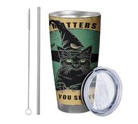 Generic Witch tumbler Set Of 1 Retro Poster Magic Hat Cute Cat Funny Bat Spooky Tree Wooden green yellow Metal Reusable No Spill Shatterproof Yard Outdoor Picnic gym with straw Cold Drinks 20 Ounce
