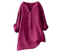 Generic Women Cotton Linen Long-Sleeved Shirt Solid Colour V-Neck Button Down Shirt Classic Loose Basic Shirt Fashion Stand-up Collar Blouse Casual Daily Cotton Linen Shirt