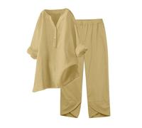 Generic Women Cotton Linen Solid Colour V-Neck Long Sleeve Button Down Shirt Set Elasticated Loose Casual Pocket Pants Set Fit Formal Business Comfy Two Sets Formal Retro Fashion Comfy