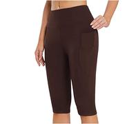 Generic Women Knee Length Leggings High Waisted Short Yoga Pants with Pocket Tummy Control Elastic Capri Gym Leggings for Women Opaque Stretchy Sports Running Shorts Pants