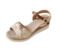 Generic Women Slant Buckle Bow Embroidered Plus Size Sandals for Women Summer Shiny Open Toe Leather Summer Flat Sandals for Women Sandal Summer, beige, 8.5 UK