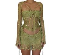 Generic Women's Adult Female Modern Vintage Formal Casual to Semi-Formal Green Solid Sequins Crochet Halter Top Cardigan Long Sleeve Loose Fit M Top, Short Skirt Set