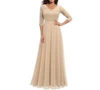 Generic Women's Beige A-Line V-Neck 3/4 Sleeve Chiffon Lace Maxi Prom Dress, Size L, Floor Length, Adult Women, Formal Occasion Attendees