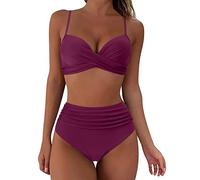 Generic Women's Bikinis Set High Waisted Solid Color Swimming Costume Ladies Push Up Vintage Beachwear Tummy Control 2 Piece Swimsuits Twist Front Bikini Top Pleated Tropical Bathing Suit