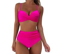 Generic Women's Bikinis Set High Waisted Solid Color Swimming Costume Ladies Push Up Vintage Beachwear Tummy Control 2 Piece Swimsuits Twist Front Bikini Top Pleated Tropical Bathing Suit