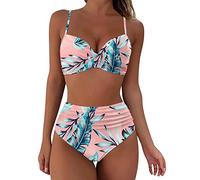 Generic Women's Bikinis Set High Waisted Solid Color Swimming Costume Ladies Push Up Vintage Beachwear Tummy Control 2 Piece Swimsuits Twist Front Bikini Top Pleated Tropical Bathing Suit