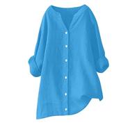 Generic Women's Blue Cotton Linen Blend Long Sleeve Button-Down Tunic, Size 5XL, UK 6XL Plus, Casual, Work, Social, Solid, Henley Neck, 1 Count