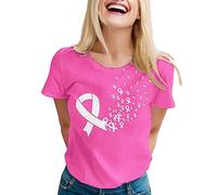 Generic Women's Breast Cancer Awareness Pink Cotton Blends Casual Fashionable Printed T-Shirt with Short Sleeves, Loose Fit, Crew Neck, Ribbon Pattern, Size L