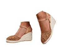 Generic Women's Canvas Wedge Sandal with Closed Toe, Cut Flange and Smooth Soft Sole Sandals Bohemia Pearl Leather Shoes Sandal Woman Beach, brown, 4 UK